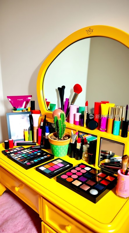 黄色梳妆台上的多彩化妆品
