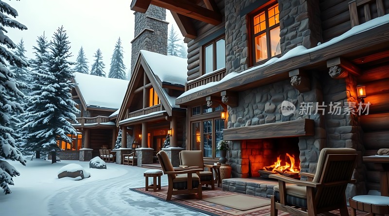 雪夜温馨木屋 fireplace and snow-covered trees