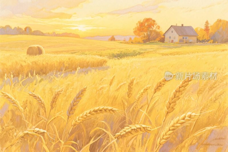 田园麦田风景插画