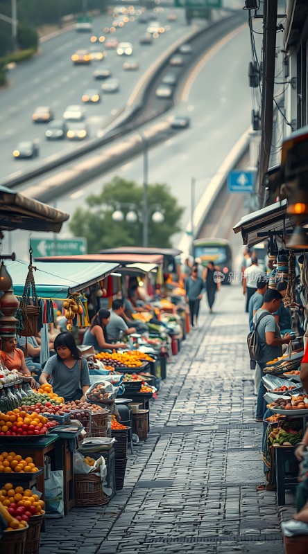 城市街头热闹集市琳琅满目水果蔬菜人来人往车辆穿梭