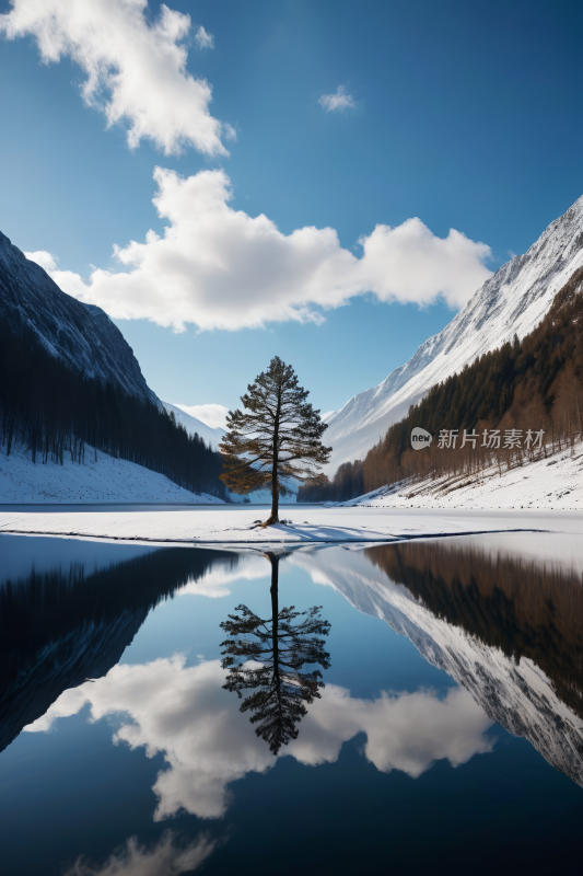 湖中央的树一座高山清风景图片