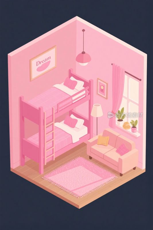 粉色房间室内等距插画