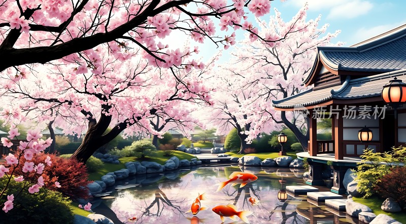 春日樱花映水阁金鲤戏波池中游