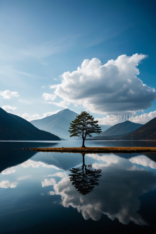 湖中央的一个小岛上一棵孤树高清风景图片