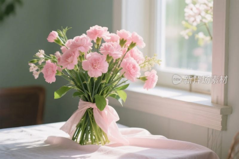 窗边粉花瓶插花