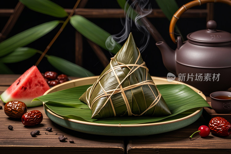 端午节粽子茶壶竹叶大枣古风创意摄影