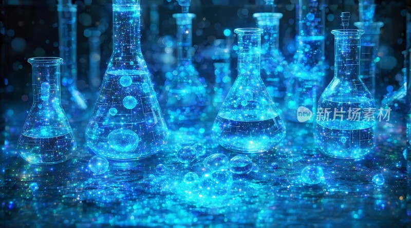 蓝色实验室玻璃器皿与液体