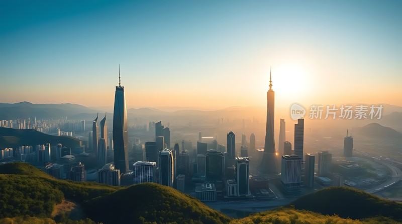 城市日出高楼林立阳光洒满大地