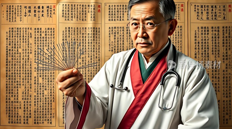 中医针灸专家展示针具与古籍背景