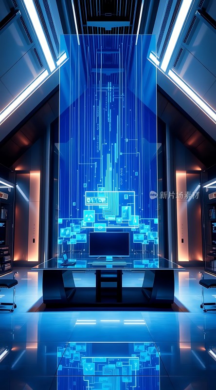 科技感十足的会议室未来主义风格设计蓝色灯光与数字屏幕交相辉映