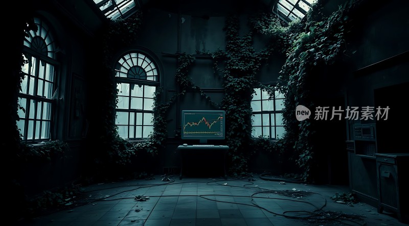 废弃建筑中的金融图表