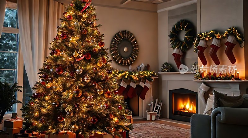 温馨圣诞树旁壁炉旁的节日氛围