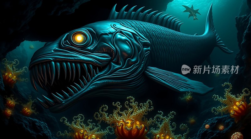 深海巨兽发光的眼睛与锋利的牙齿