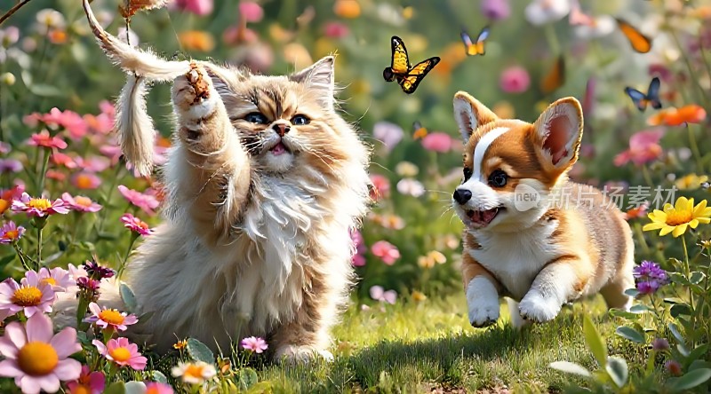 猫狗花丛中嬉戏