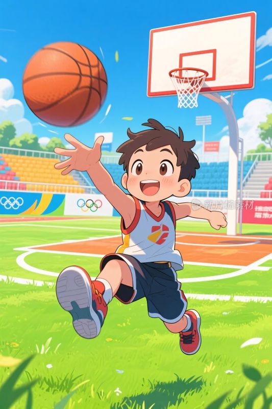 卡通男孩篮球运动场景