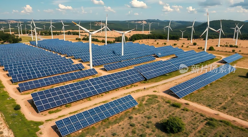 新能源发电场风车与太阳能板的和谐共生