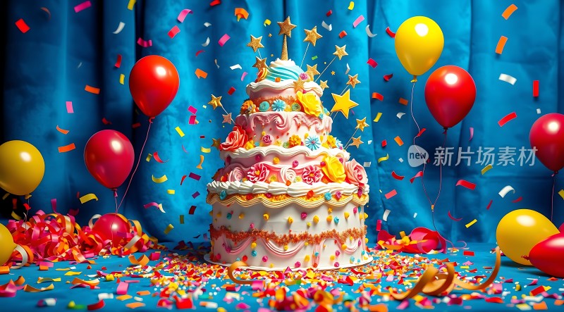 五彩缤纷生日派对多层蛋糕与气球共庆生