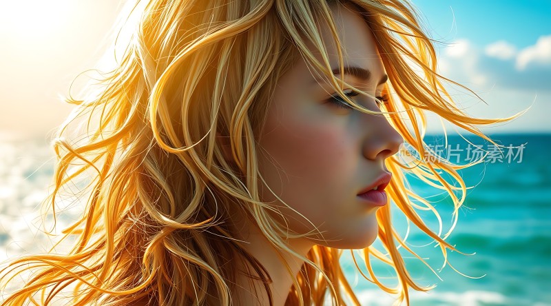 阳光下的金色长发女孩