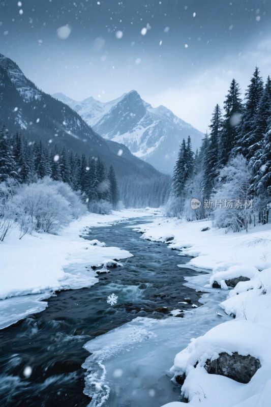 雪山溪流雪景图