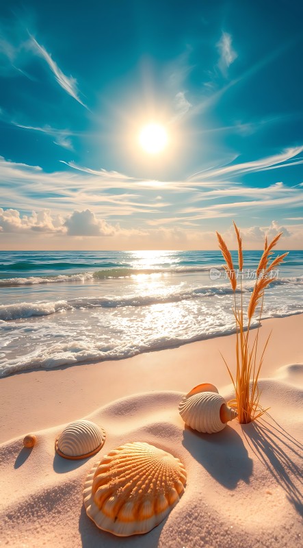 阳光下的海滩贝壳与海浪