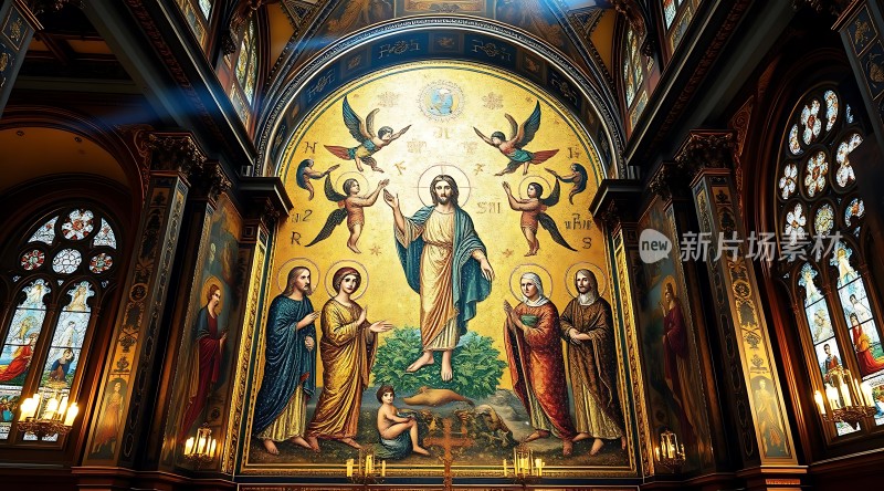 教堂壁画耶稣与天使和信徒