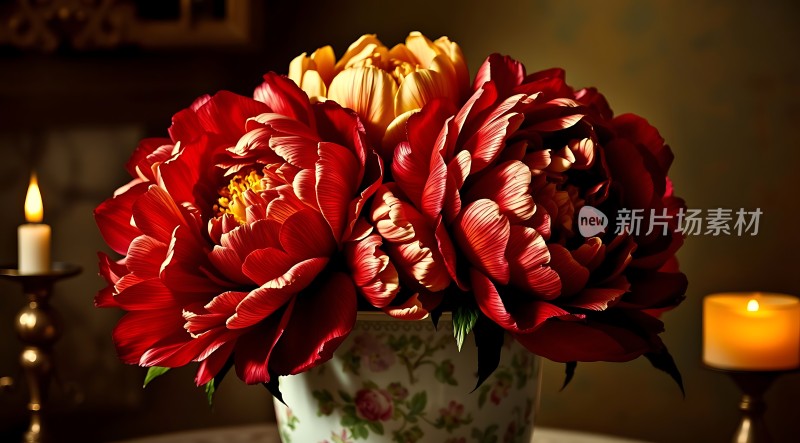 红黄相间花朵绽放蜡烛点缀温馨氛围