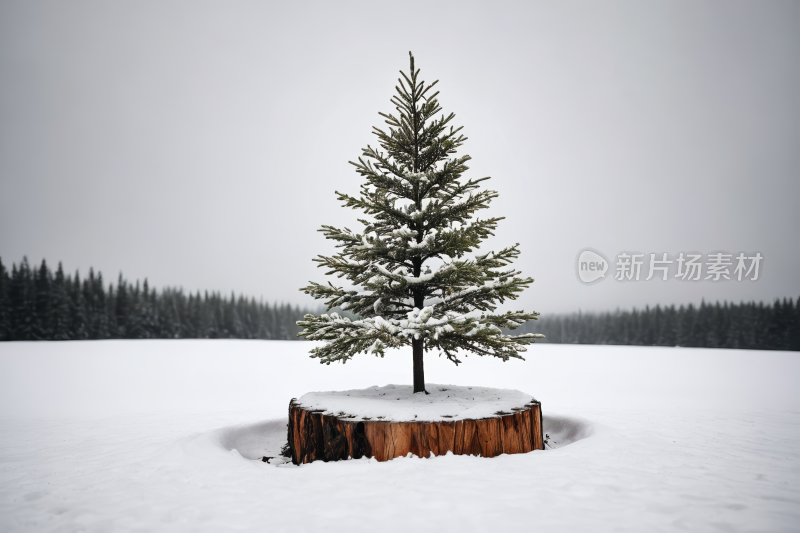 有一棵小树在雪中的树桩上高清图片