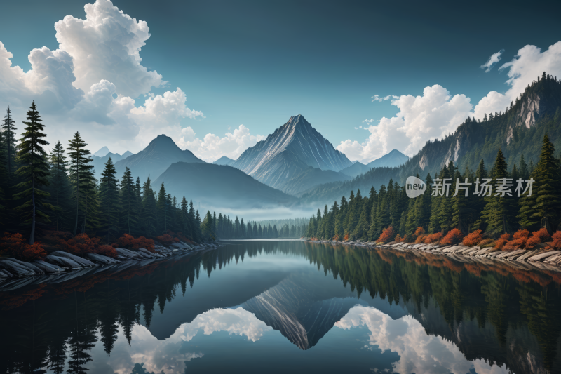 面中间山湖高清风景插画图片