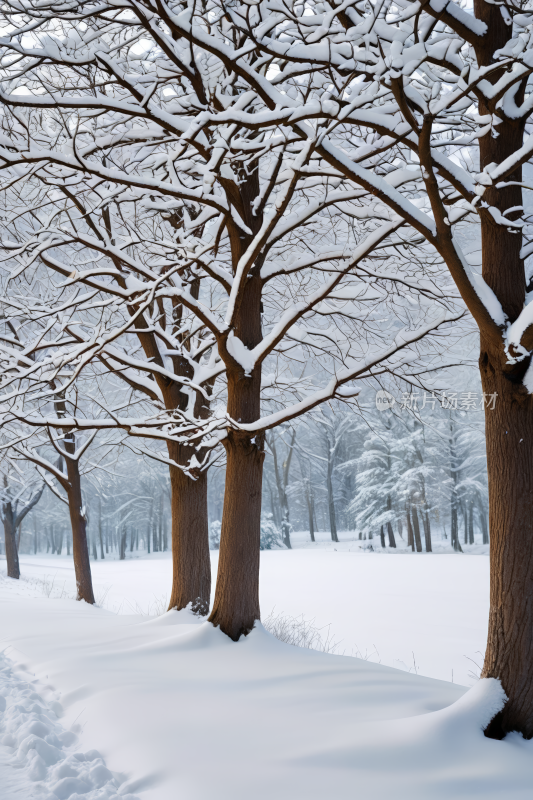 公园里一条小路树上长满雪背景图片