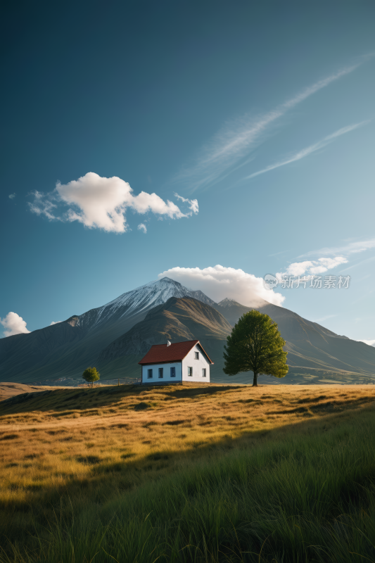 田野中央一座房子一座高山清风景图片