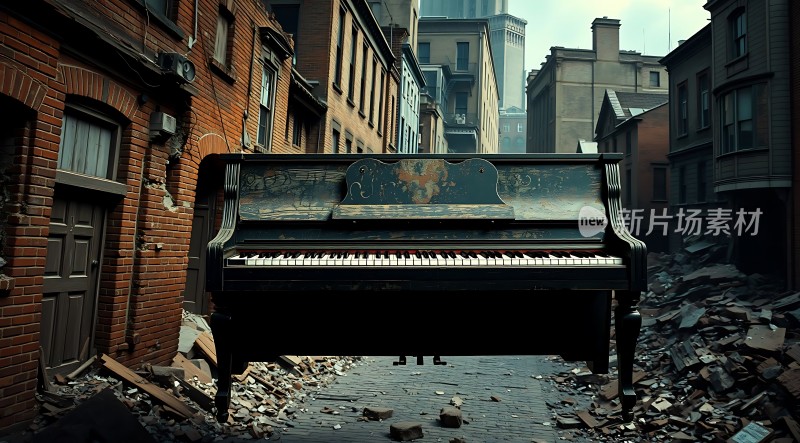 废弃钢琴与城市废墟
