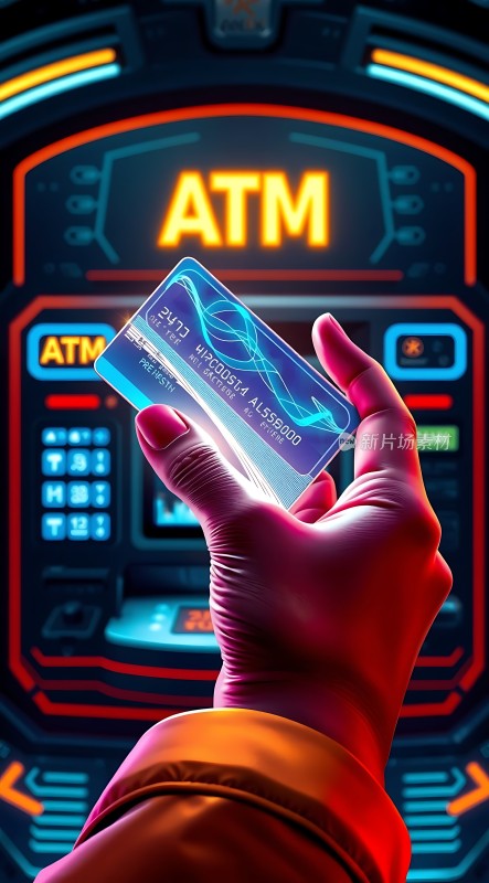 未来科技感ATM取款机前的信用卡