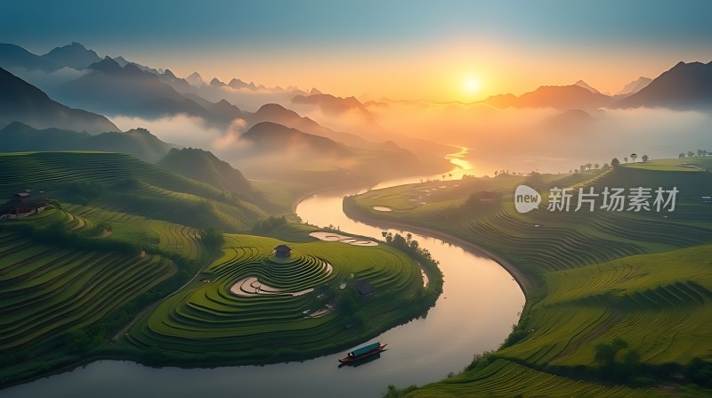 梯田晨曦山水画卷