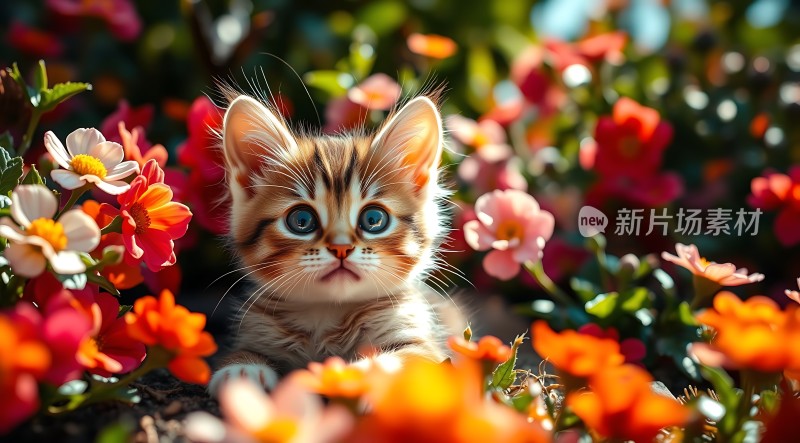 小猫在花丛中探出头