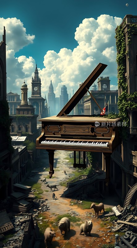 废弃城市中的巨型钢琴与羊群