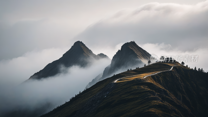 山脉的一条蜿蜒的道路顶部有几棵树高清图片