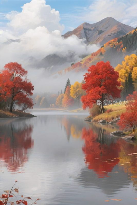 山水秋景风景插画