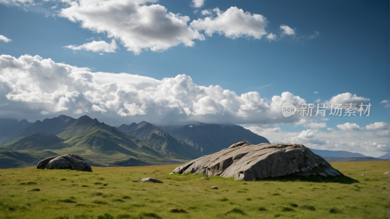 一片草地上的大岩石山脉高清风景图片