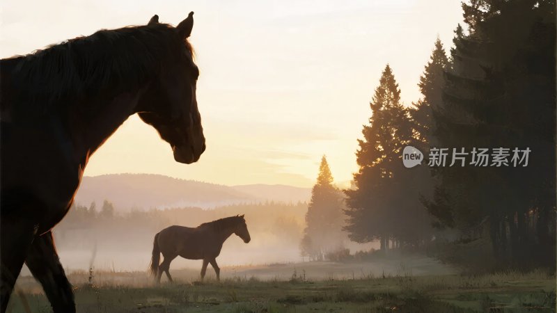 晨曦中草原上的两匹马