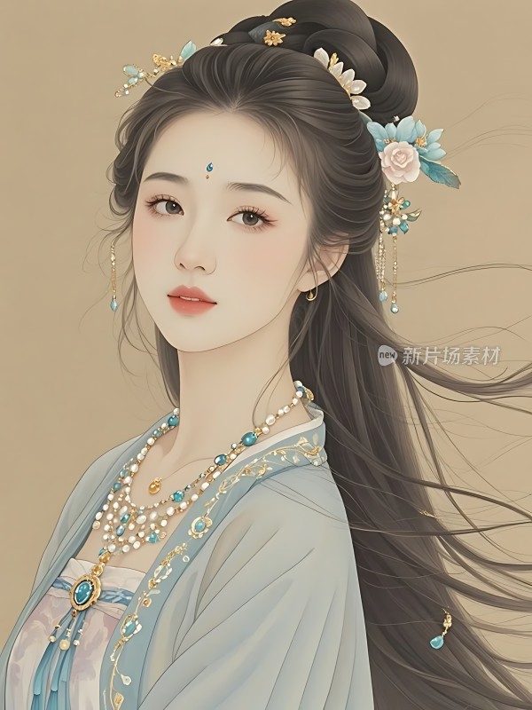 汉服佳人长发飘逸头戴花饰佩戴珠宝首饰