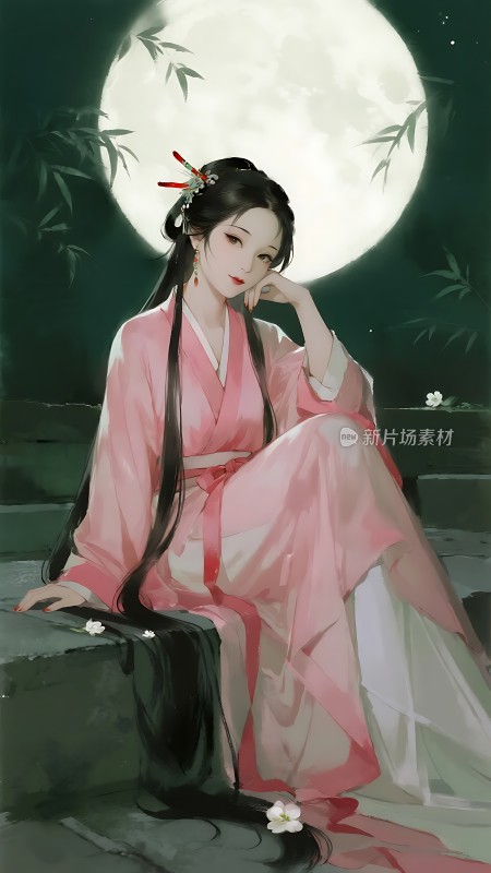 粉衣佳人月下独酌