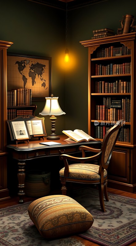 书房一角书桌椅与书架