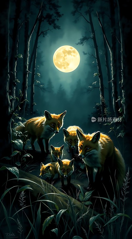 森林月光下的狐狸家族