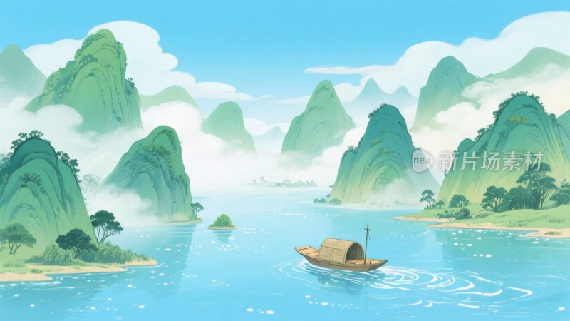 山水间的孤舟风景插画