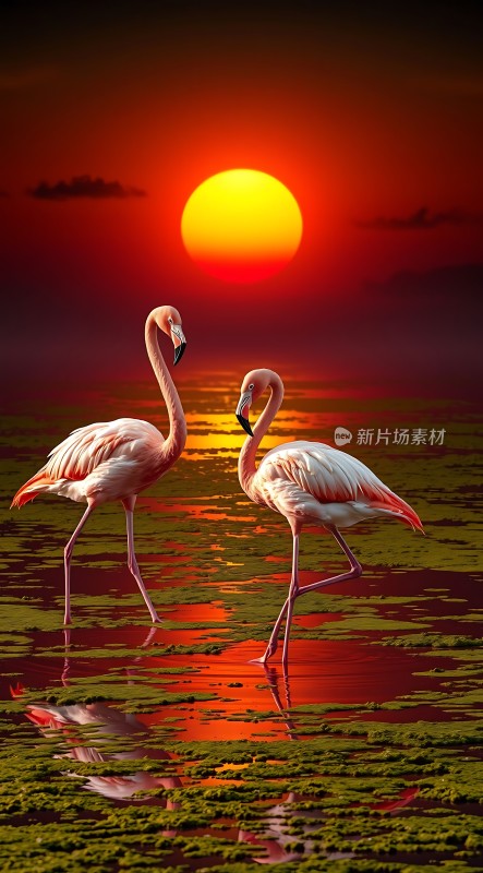 火红夕阳下双栖火烈鸟共舞