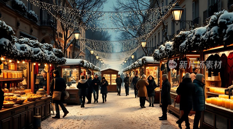 冬日集市夜市繁华暖光闪烁游人如织