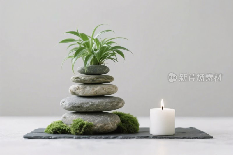 禅意石堆与蜡烛静物