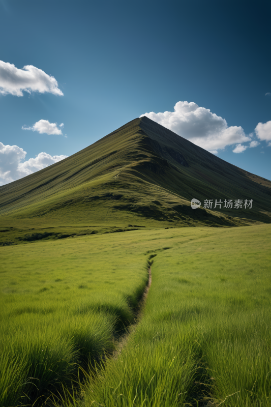 草地一条小路通向的一座高山清风景图片