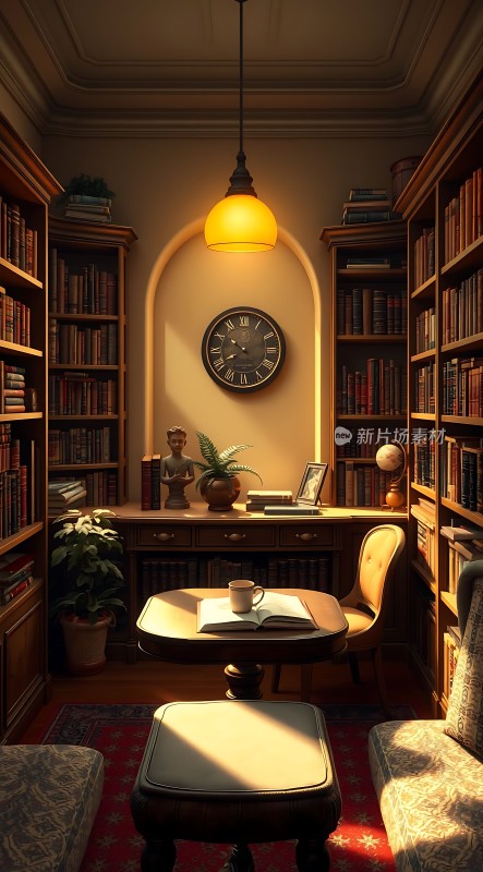 书房一角书架、桌椅、时钟和植物营造温馨氛围