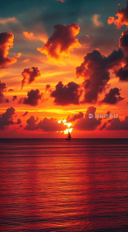 日落帆影映红海